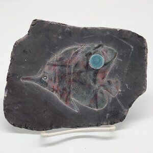 Raku Wall Hanging Hand Carved Fish Fossil Art Signed By J. Lemont